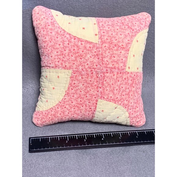 Vintage Handmade Pink & Cream Patchwork Pillow - 7" x 7" Quilted Throw Cushion - Picture 4 of 8